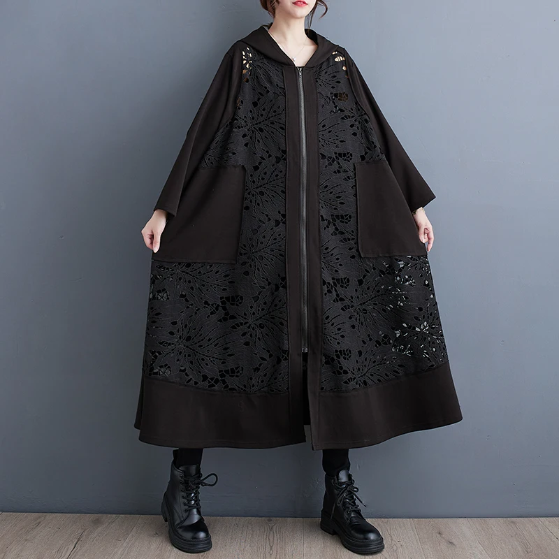 #6858 Black Vintage Hooded Trench Coat Women Zipper Loose Hollow Out Split Joint Duster Coat Ladies Outerwear Long Overcoat