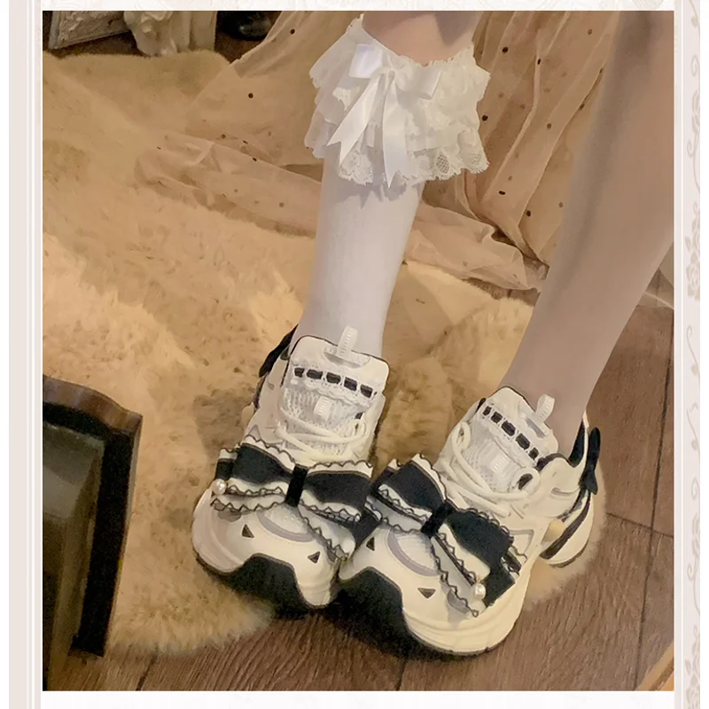 Pinkyo Original perla encaje arco negro/blanco Color bloqueado papá zapatos Lolita dulce diario Casual desplazamientos zapatos deportivos