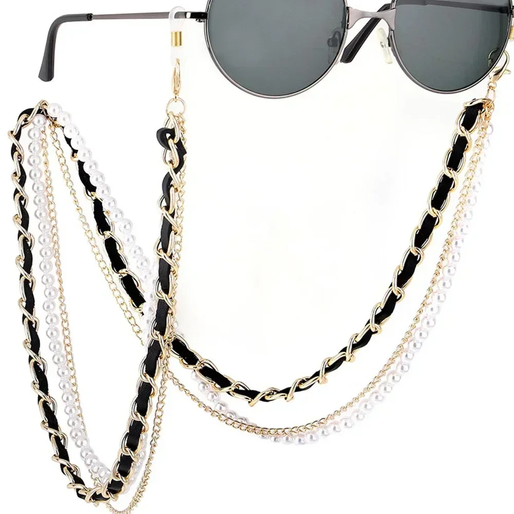 New Arrival Fashion Pearl Leather lanyards Chain Trending Luxury Golden Silver Glasses Holder Lanyard Straps