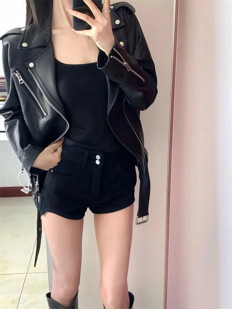 Printemps rue Sle femmes ample surdimensionné en cuir PU Jaet Bla Biker tenue Cool et épicé manteau de moto