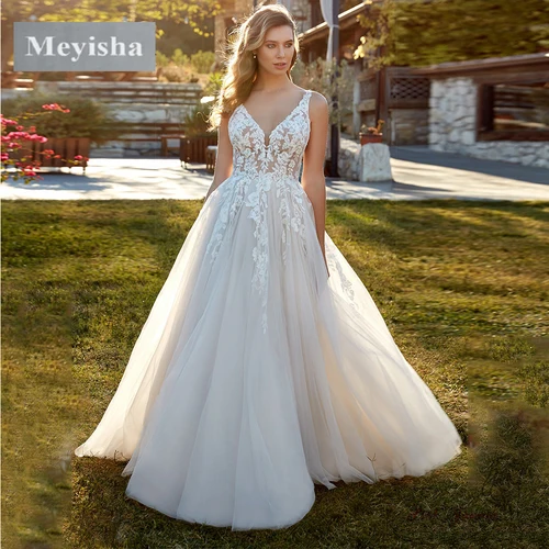 Personalizado ZJ6006 2024 vestidos de novia bohemios brillantes con cuello en V vestidos de novia de tul con purpurina de encaje brillante con apliques de Venecia