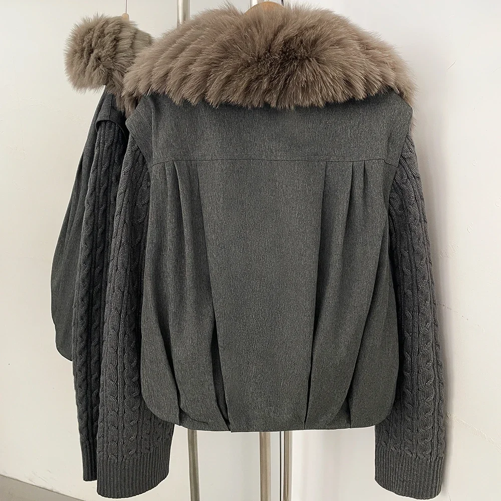 OFTBUY 90 White Duck Down Jacket Cable Knit Sleeve Zipper Drawstring Hem Cropped Coat Women Winter Real Layered Fox Fur Collar