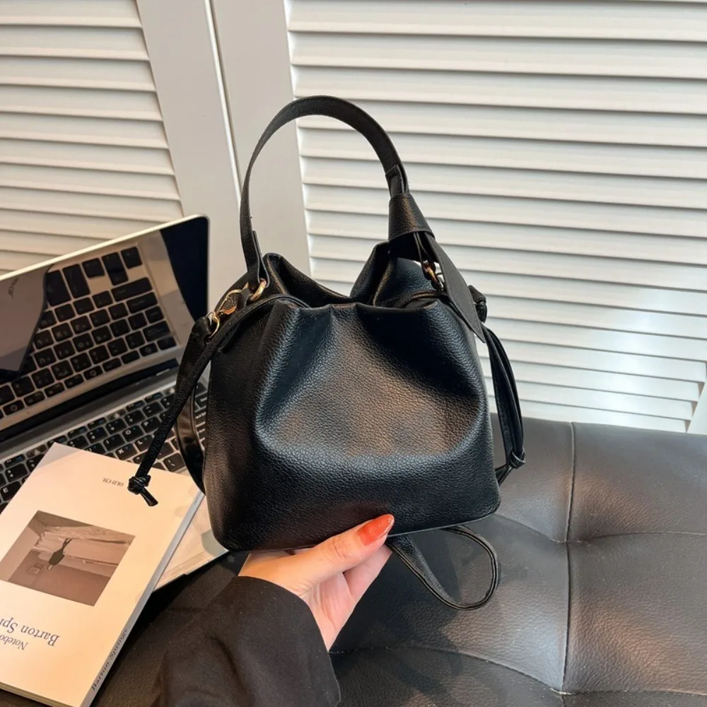 New Top Handle Drawstring Bucket Bag Removable Strap Solid Color Shoulder Bag Multi-Way Crossbody Handbag For Women