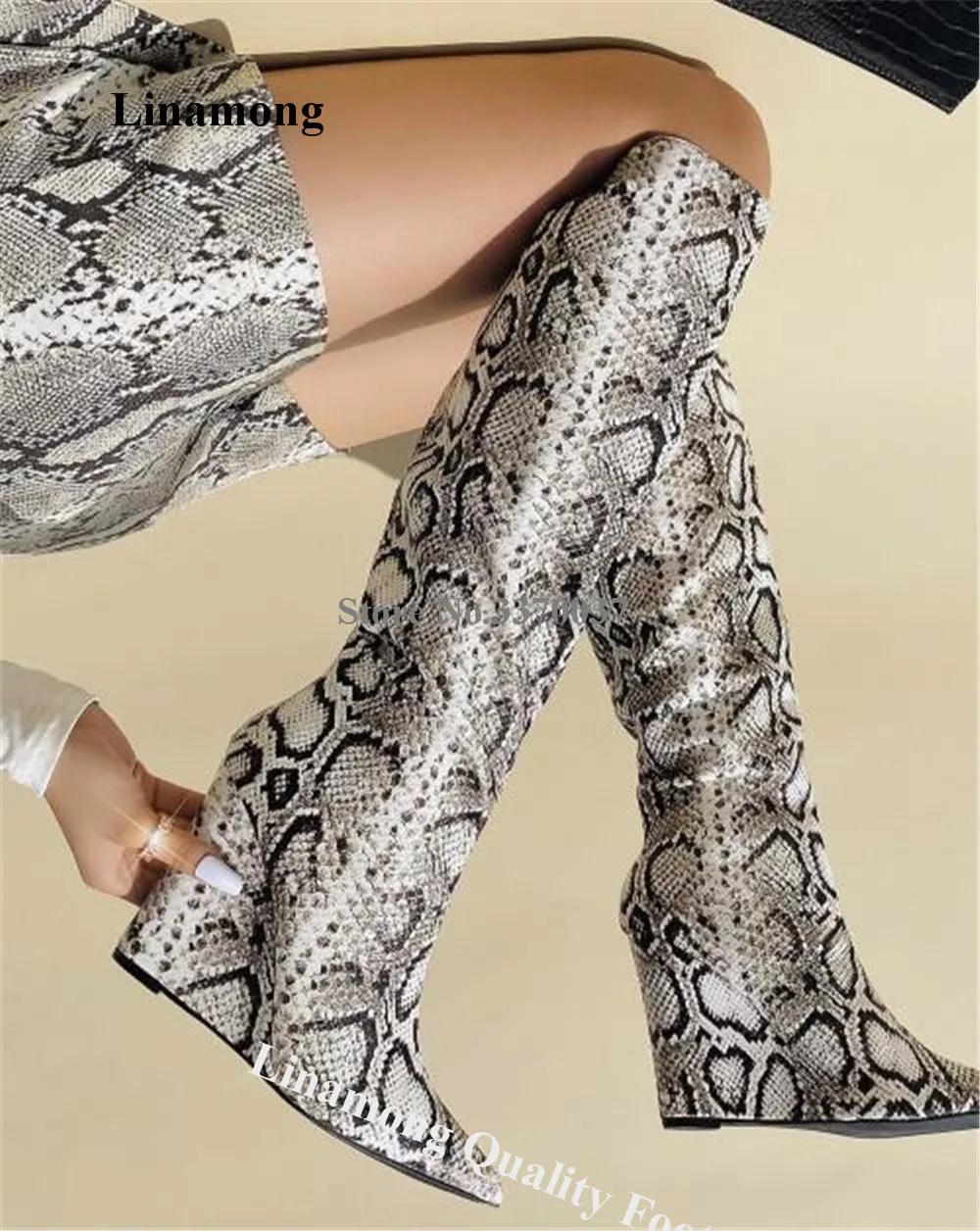 

Linamong Western Fashion Snakeskin Pattern Leather Wedge Knee High Boots Pointed Toe Slip-on Long Wedges Sexy Slim Boots