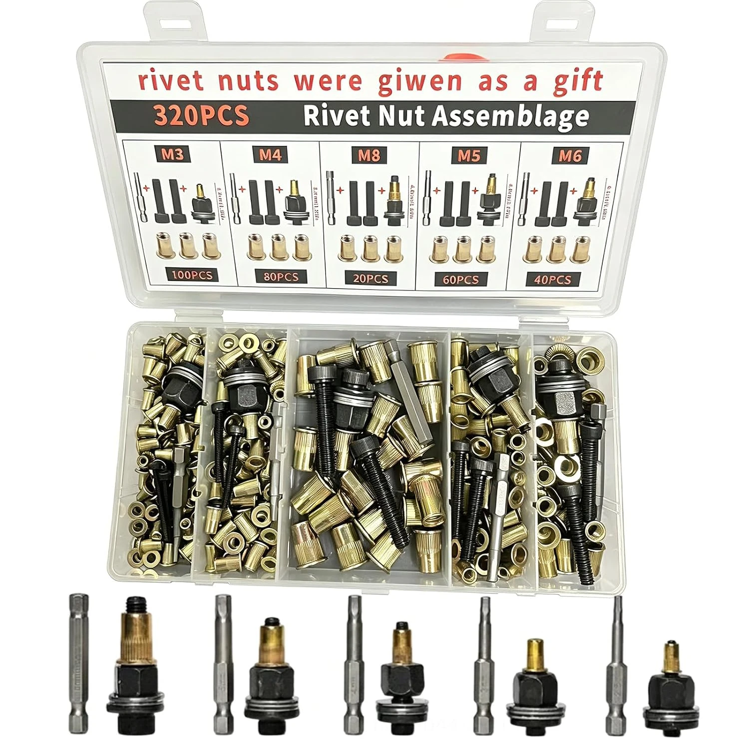 60/320PCS Head Rivet Nut Tool M3 M4 M5 M6 M8 Rivnut Kit Carbon Steel Rivnut Set Threaded Rivet Nut Kit Manual Riveter Tool
