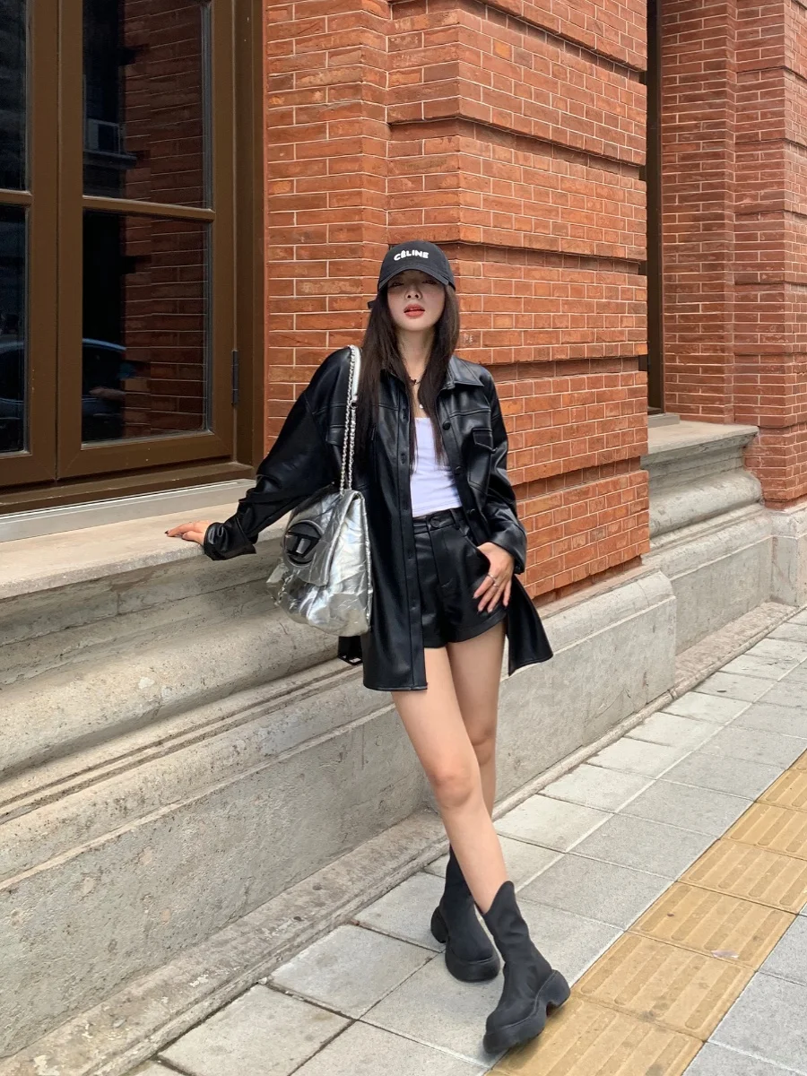 ChenMiFan Women's Long Sve PU Leather Jaet Biker Sle Personali Loose Fit Waist Cinched Outerwear Faionable Coat