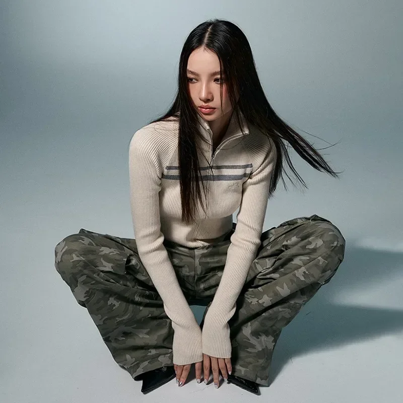 Cárdigans irregulares de estética Grunge, jerséis acanalados con espalda descubierta Vintage, prendas de punto de cuello alto Punk, moda coreana