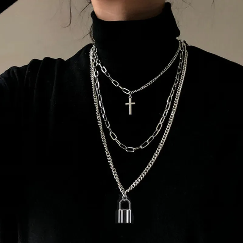 

TUES Fashion Unisex Multilayer Hip Hop Long Chain Necklace For Women Men Jewelry Gifts Key Cross Pendant Necklace Accessories