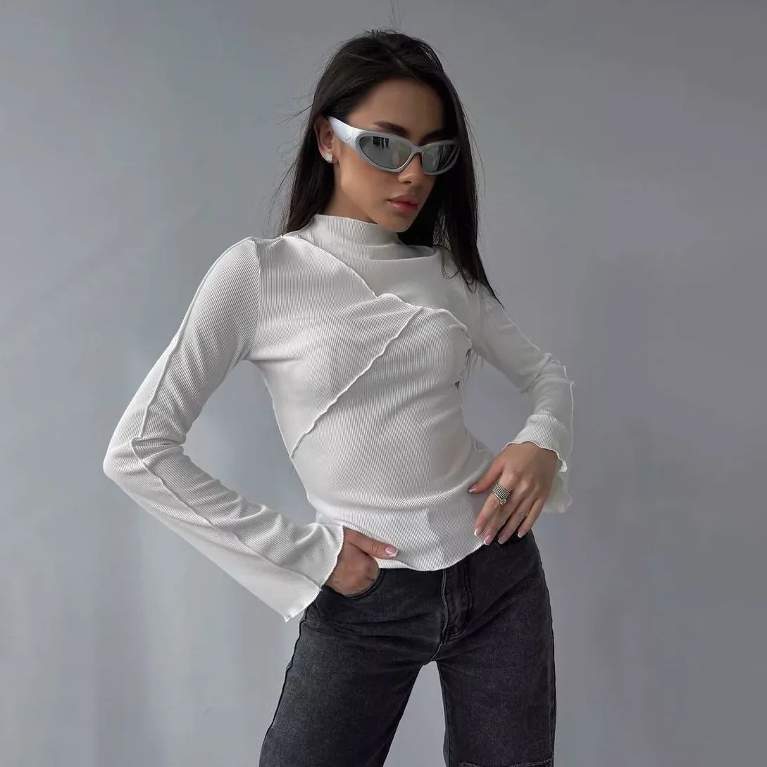 

2025 Women's Knit Sweater-Semi Turtleneck Patchwork Bell Sleeve Top,Slim Fit Knitted Pullover for Autumn Winter,Y2K Chic Office
