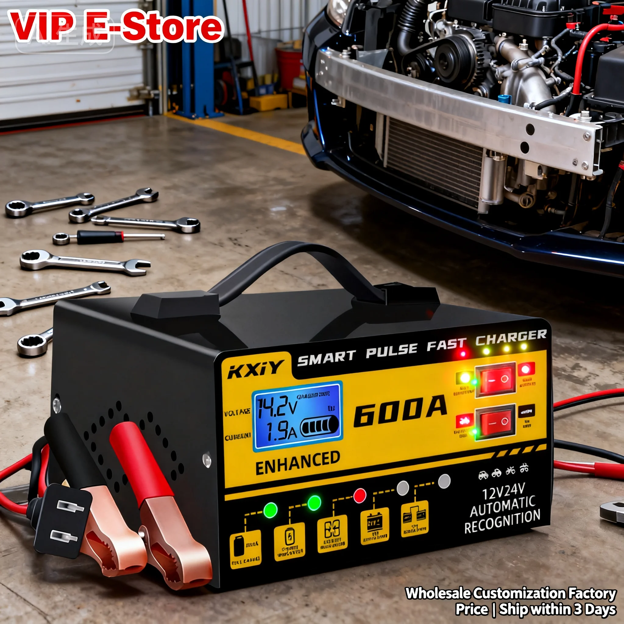 

W0612V/24V Быстрое автомобильное зарядное устройство-интеллектуальный импульсный ремонт с четким ЖК-дисплеем, обратная полярность, безопасное и универсальное 50 ~ 60 Гц