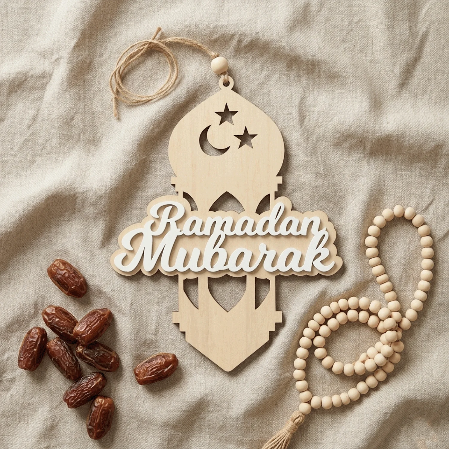 Wooden Ramadan Mubarak Tabletop Sign – Layered Lantern, Crescent Moon & Star Plaque for Islamic Home Decor and Gifts