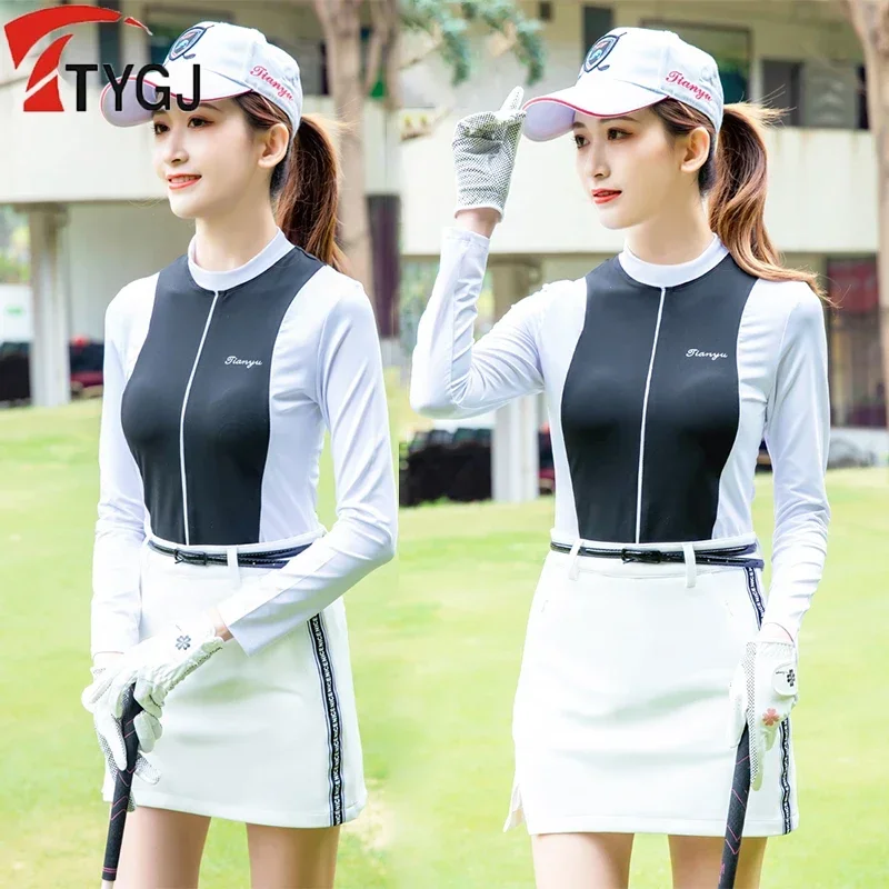 TTYGJ Women Golf Shirt Ladies High Elastic Sunscreen T-shirt Women Patchwork Long Sleeve Sport Tops Quick Dry Golf Clothing