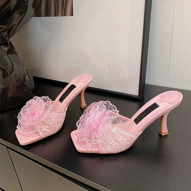 New Lace Flower High-heeled Slippers Women's Thin Heels Square Head Fashion One-word Women's Shoes