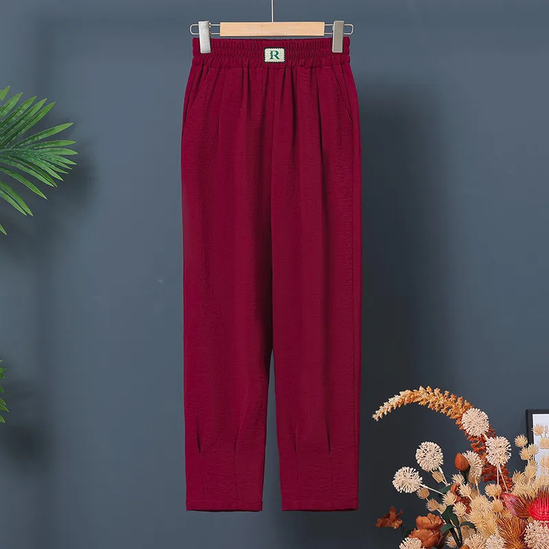 2023 Cotton Linen Ankle Length Pants Women Spring Summer Casual Harem Trousers Black White Elastic Waist Loose Pants