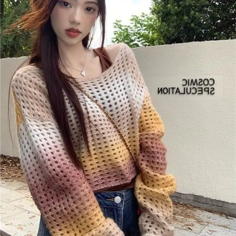 Shpmishal Tie Dye Gradient Hollow Out Long Sleeved Sweater for Women's Autumn 2024 New Loose and Fashionable Lazy Knitted Top