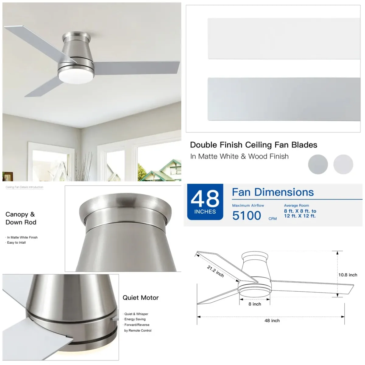 

48 дюймов Встроенный светодиодный фермерский дом в помещении/на открытом воздухе, никелевый умный потолочный вентилятор с дистанционным управлением