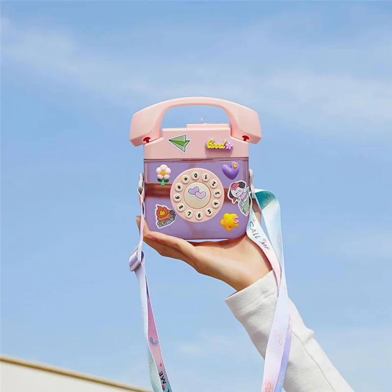 A44F-Creatives Retro Telephone Shape Water Bottle With Adjustable Shoulder Strap, Drinking Bottles With 3D Sticker