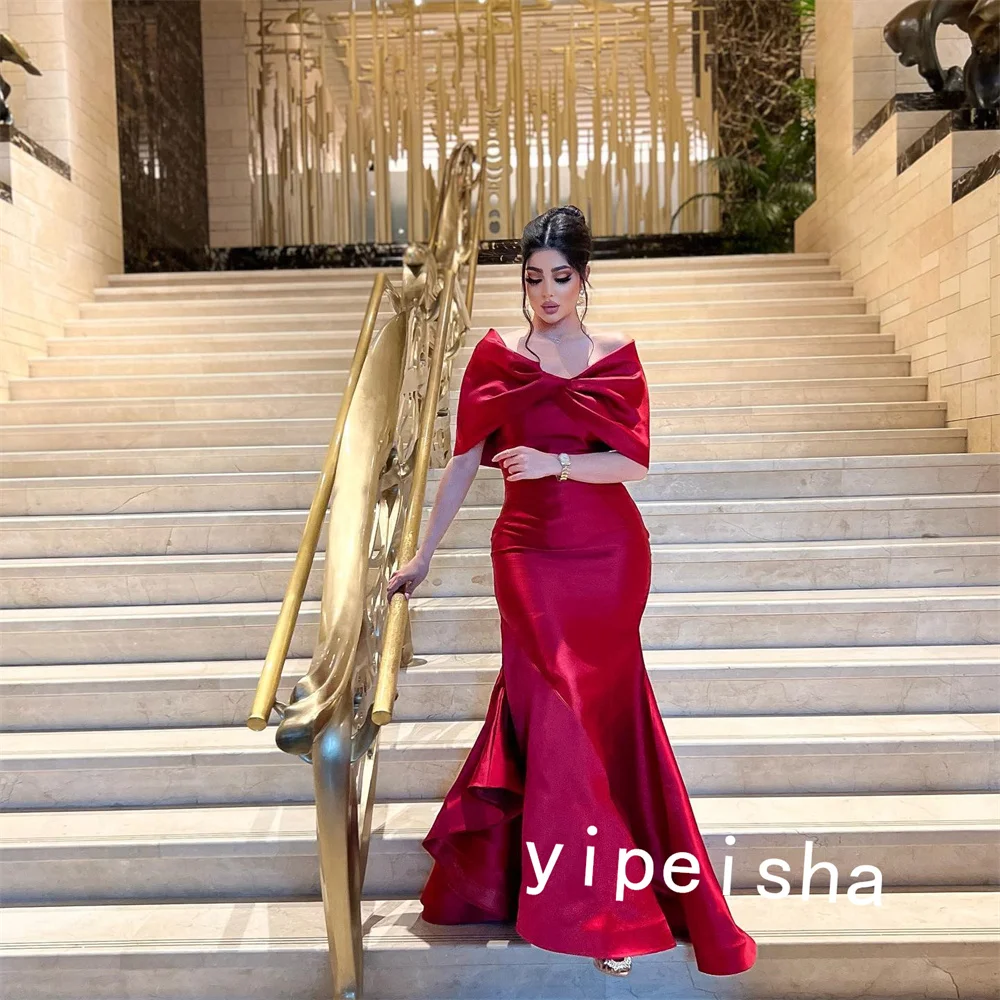 Satin Pleat Cocktail Party Trumpet Off-the-shoulder Bespoke Occasion  Floor Length Saudi Arabia Prom Dresses