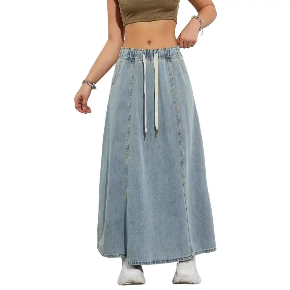 

Women Skirt with Adjustable Drawstring Waist Pockets Solid Color A-line Fashion Casual Office Midi Skirts