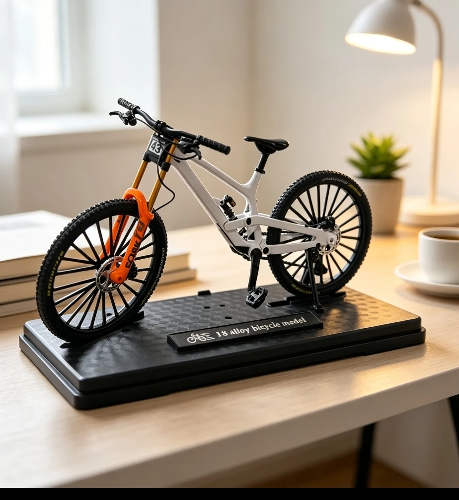 1:10 Model Downhill Mountain Bike Alloy Full Suspension Mini Bicycle Figure with Presentation Base, Collection, Table Decoration