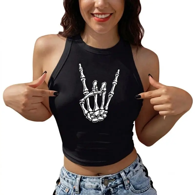 Nadanbao Skeleton Hand Print Crop Top Sommer Schwarz Orange Ärmellose Tanktops Damen O-Ausschnitt Kurze Weste Halloween Party Lustiges Top – Detail 7