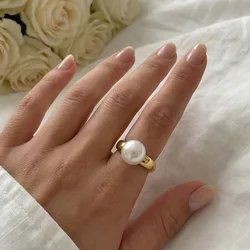 Kalen Fashion Anillos White Simulated-Pearl Rings For Women Gold Color Stainless Steel Wedding Bands Finger Party Jewelry
