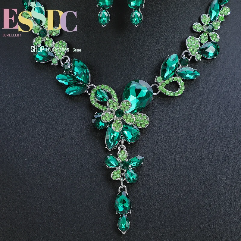 High-end and exquisite fashionable retro necklace and earrings two-piece set of flower crystal double-layered flowers elegant