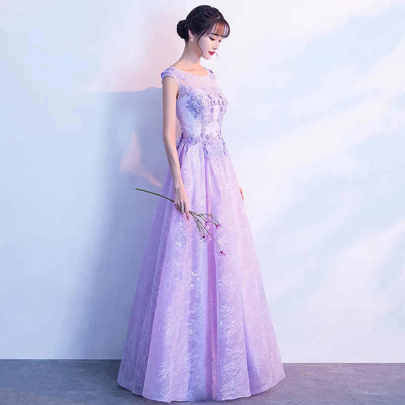 Lilac Purple Long Bridesmaid Dress Lace 3D Flower Women Scoop Neck Wedding Ceremony Dress A Line Long Formal Evening Party Gowns