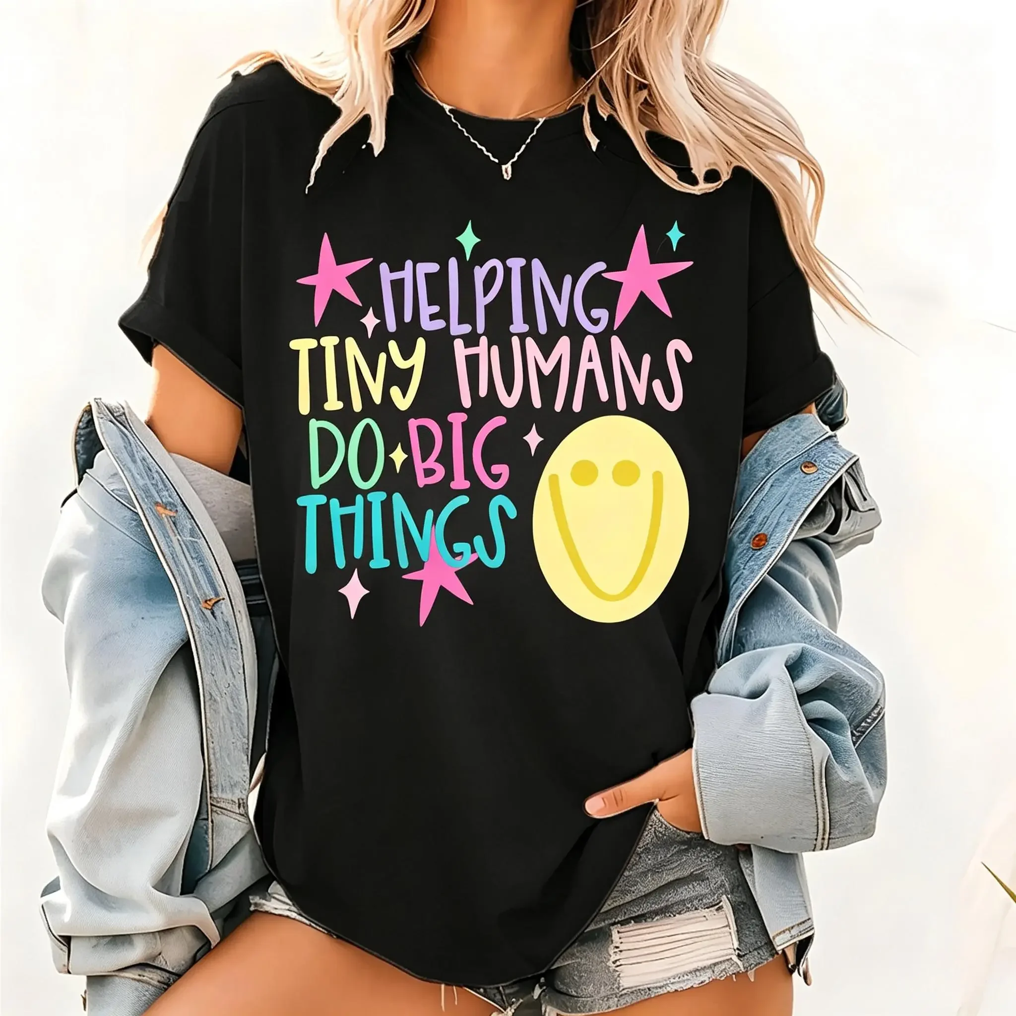 Helping Tiny Humans Do Big Things Shirt – Preppy Teacher Graphic Tee, Back to School Stars T-Shirt, Daycare & Preschool Teacher Gift  Womenswear