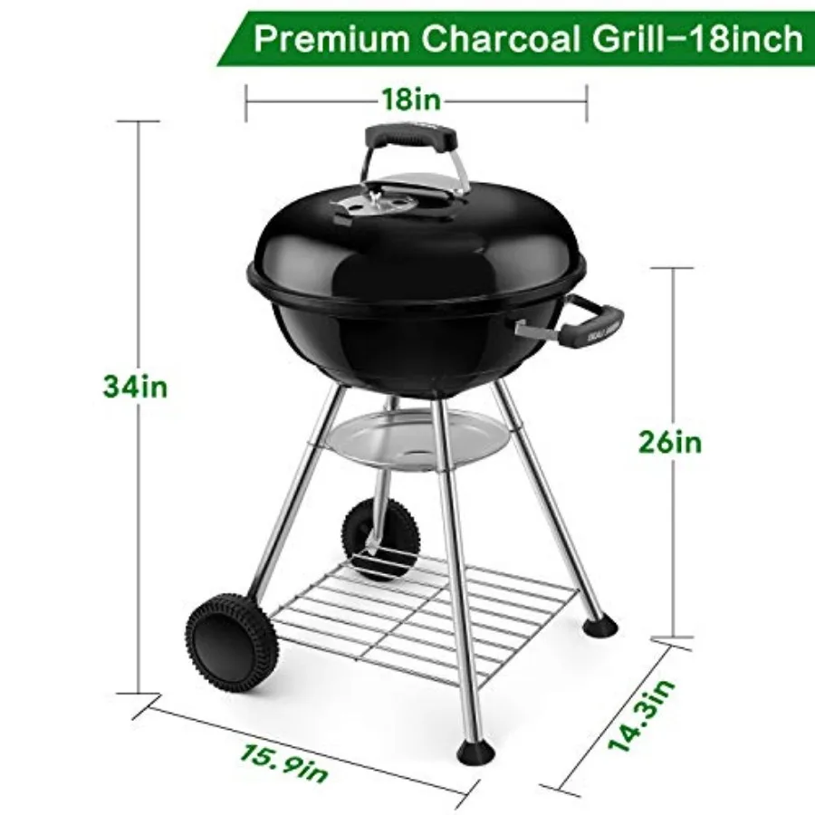Premium 18 Inch Charcoal Grill for Outdoor Cooking Barbecue Camping BBQ Coal Kettle Grill Tailgating Portable Heavy Duty Round