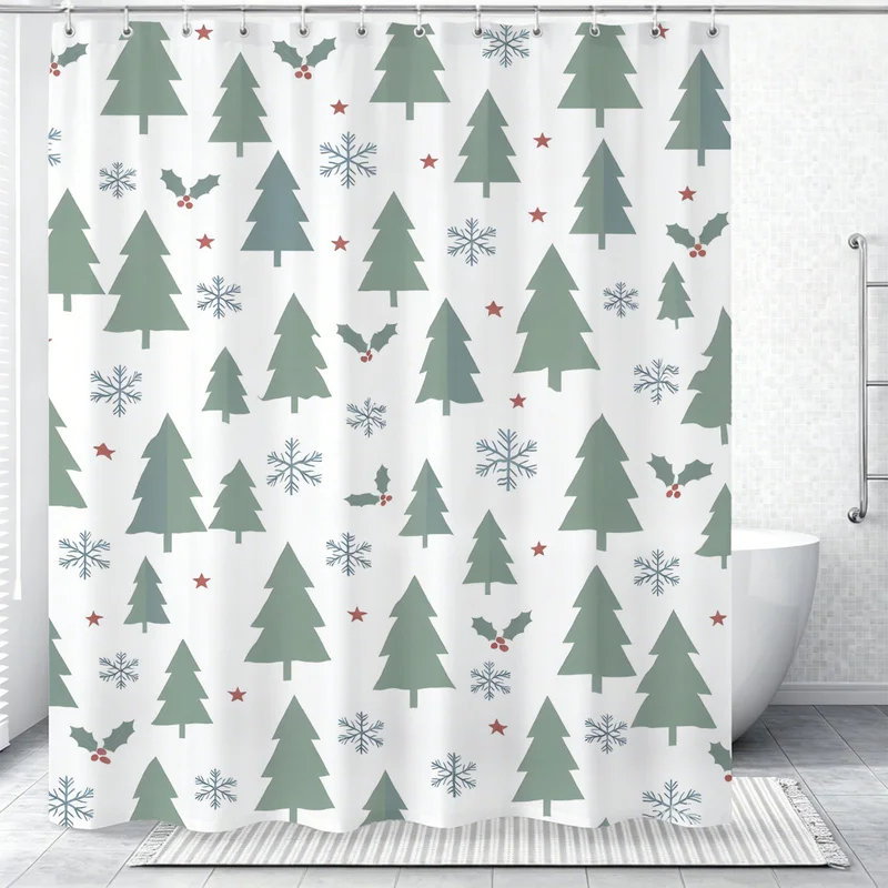 180x180cm Polyester Christmas Shower Curtain,Easy to install,Xmas-themed pattern with holly leaves snowflakes candy Print