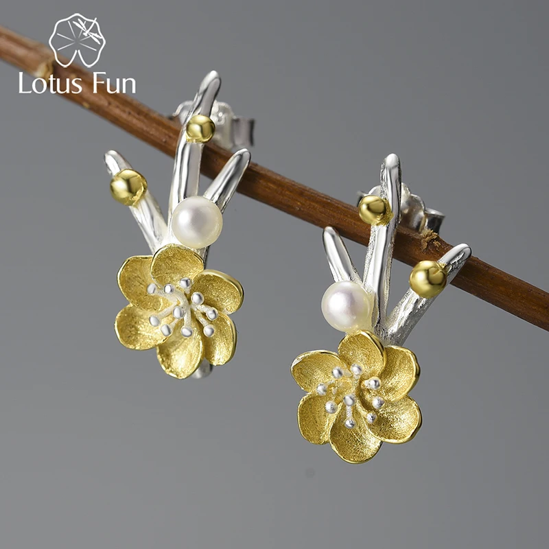 Lotus Fun 18K Gold  Winter Blossom and Snow Flower Stud Earrings for Women Real 925 Sterling Silver Original Fashion Jewelry