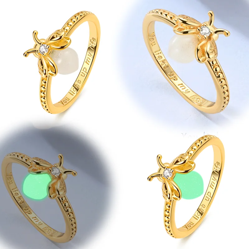 

Original 925 Sterling Silver Sparkling Golden Luminous Firefly Ring For Women Girls Jewelry Birthday Anniversary Gifts