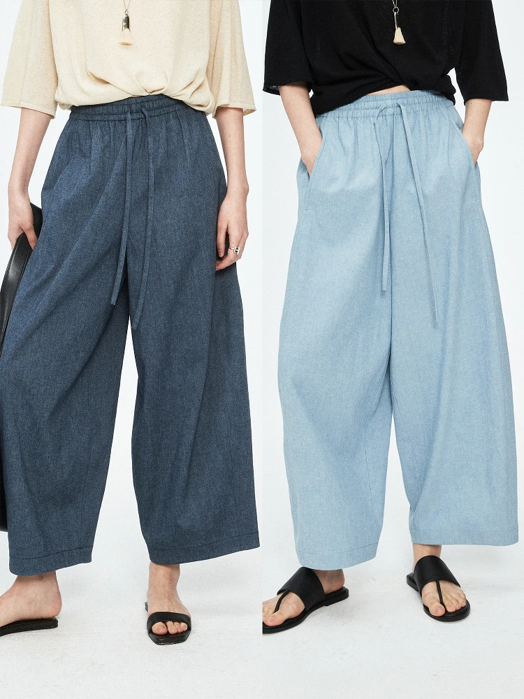 

MRS Studios Linen Cotton Balloon Pants Nine-Tenths Walking Pants Wide Leg Dstring Elastic Ladies Casual Trousers