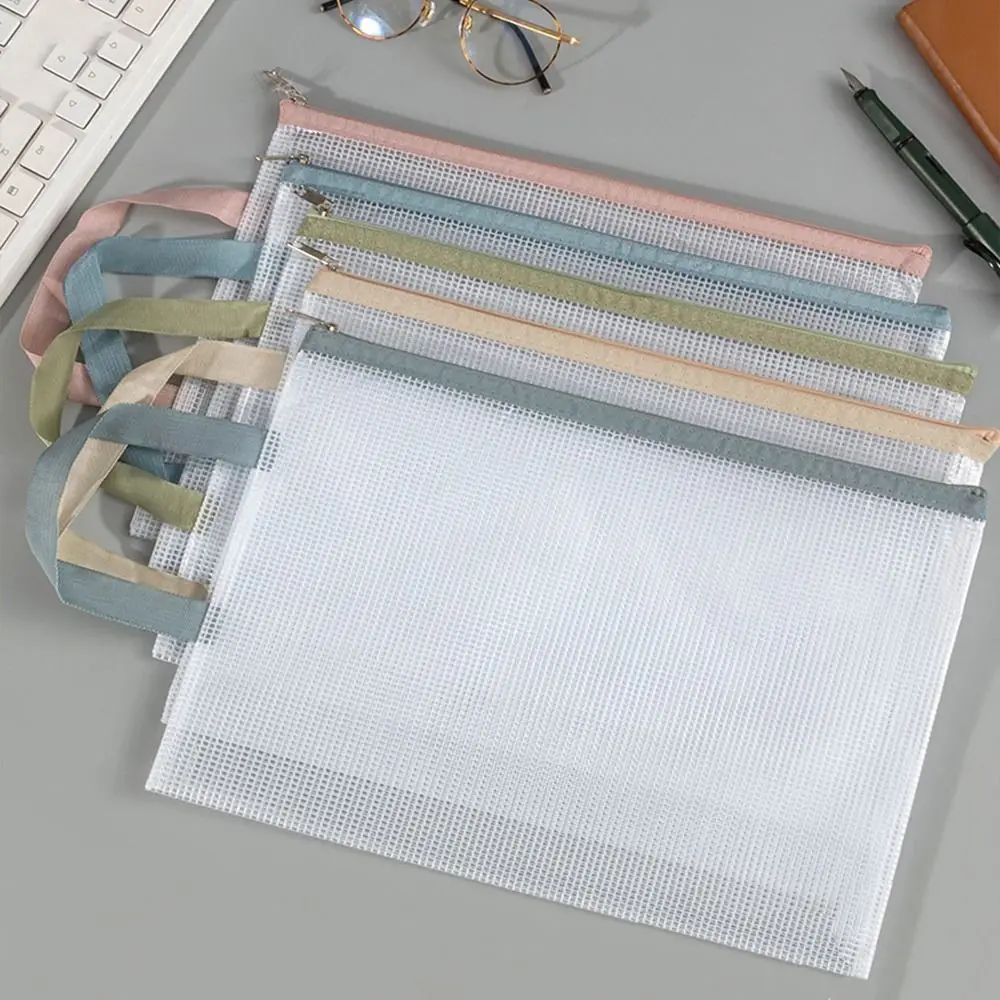 Double-Layer Mesh Zipper Storage Bag, impermeável, transparente, A4 File Folder, PVC, saco de documento portátil, Storage Pouch