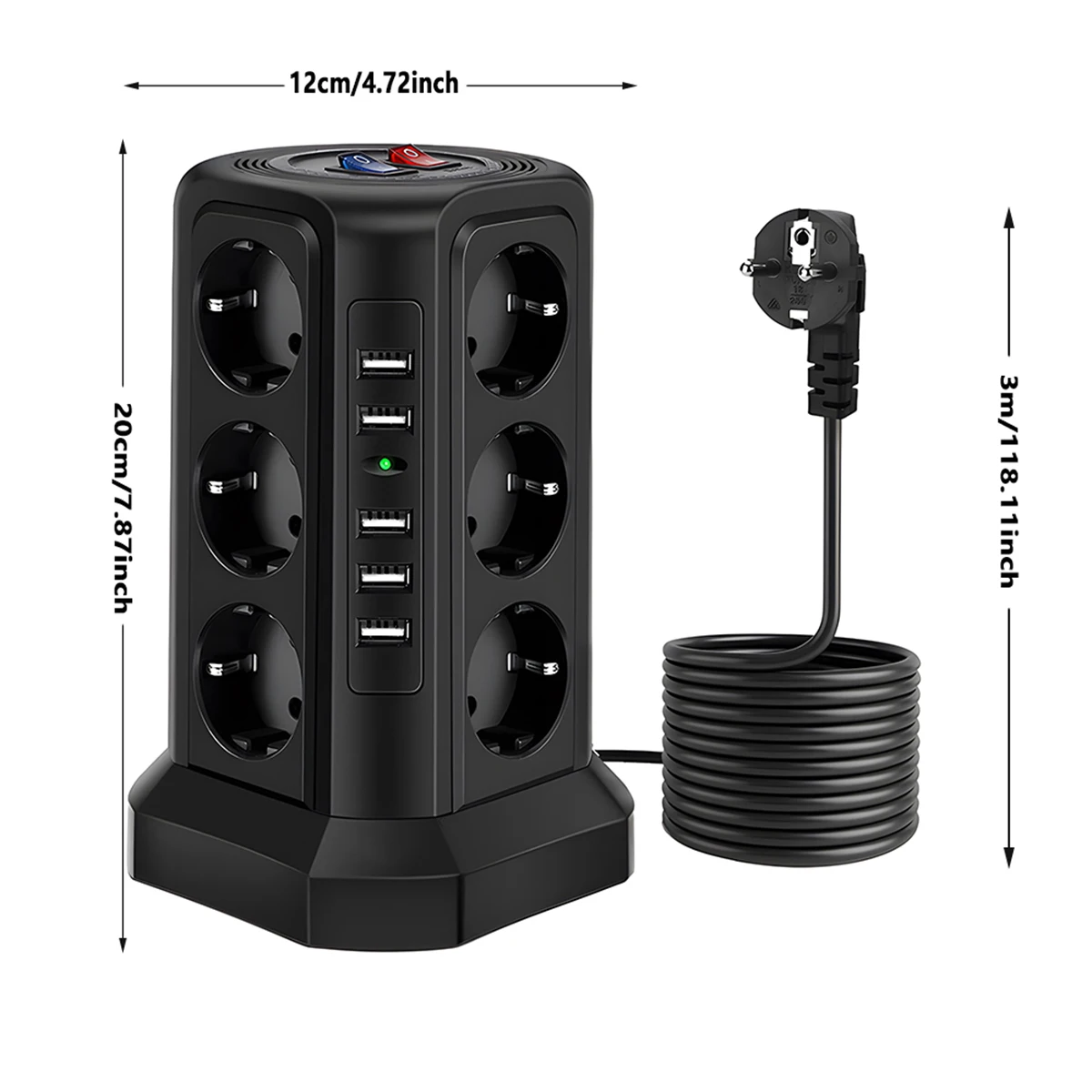 Tower Power Strip 12 Outlets 5 USB Ports Multi Tower Socket with 1.8 M Extension Cord and Overload Protector Vertical Socket