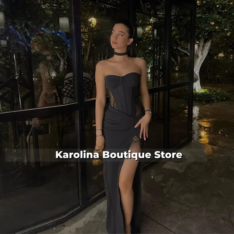 

Black Lace Prom Dresses Sweetheart Corset Evening Dresses Woman Elegant Mermaid High Slit Satin Vestido De Noche Customized