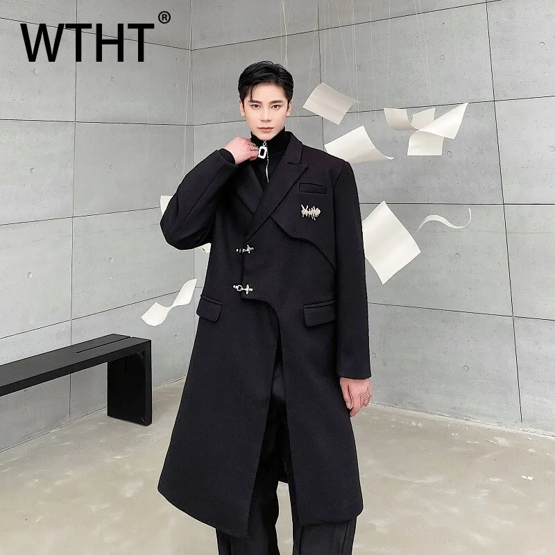 

WTHT модная мужская однотонная металлическая брошь, ветровки, однобортные пальто с длинными рукавами, мужские пальто, осень 2023, 2A1852
