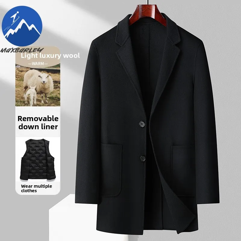 Maxbarley Premium Woolen Coat Luxury Detachable Down Jacket Outdoor Office Windproof Coat Mens Casual Korean Style Trench Wear