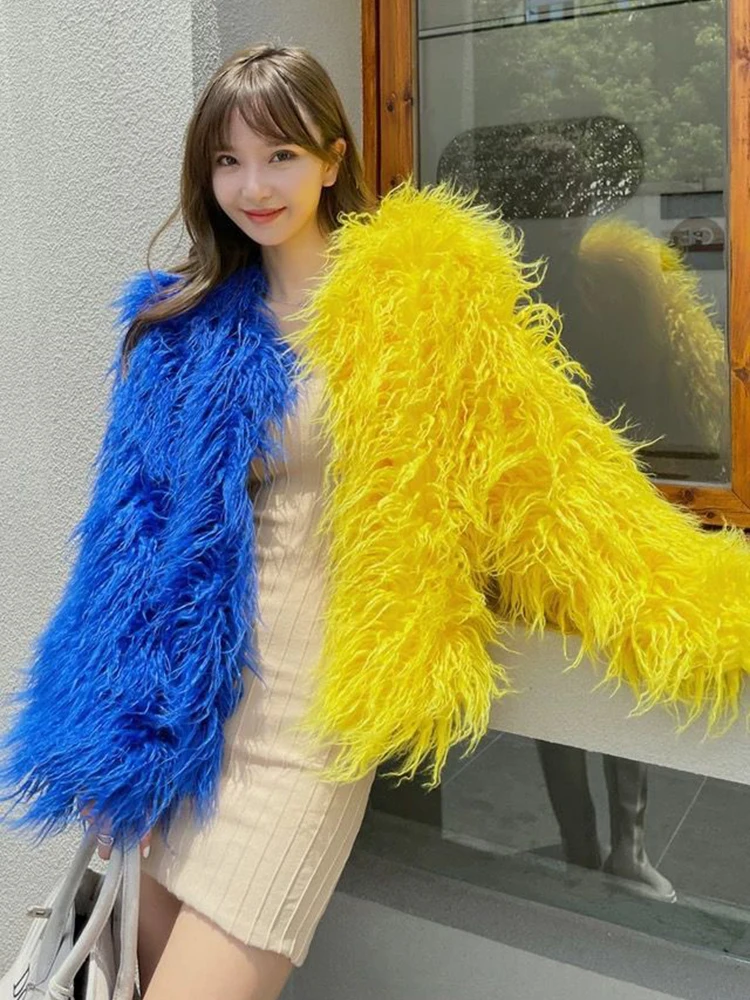 ZADORIN Women Unique Contrast Color Fluffy Faux Fur Coat Long Sleeve Faux Sheep Fur Jacket for Women Fur Coats Festival Clothing