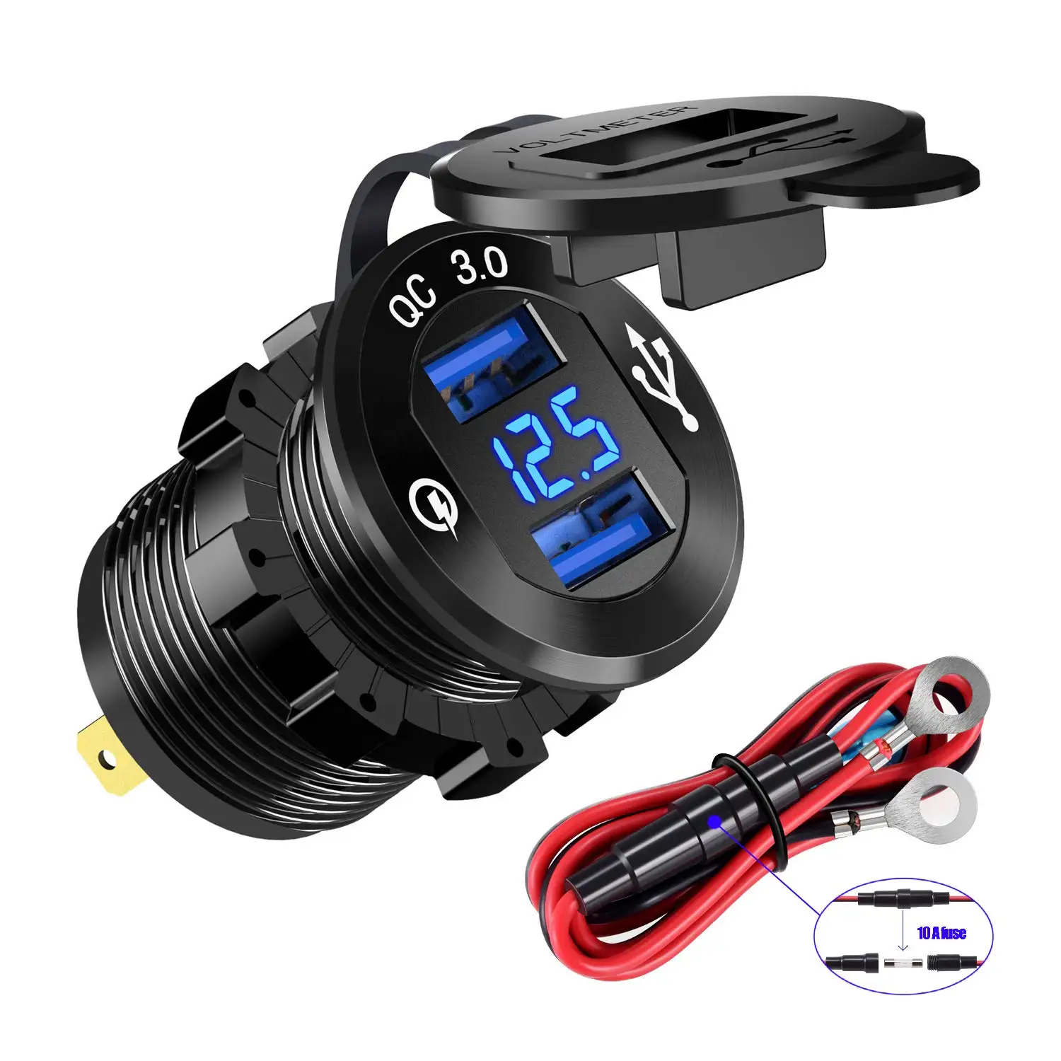 Ursuniot Aluminium QC3.0 Car Charger with LED Voltmeter Dual USB Ports Power Adapter DIY KIT for 12V/24V Motorcycle Boat Truck