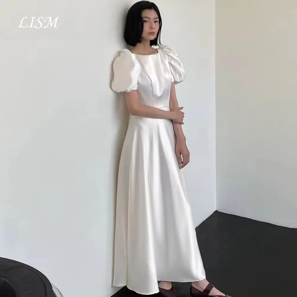 

LISM Silk Satin Korean Wedding Dresses Simple Puff Sleeves Backless Customized A Line Party Gown Bridal Reception Dresses