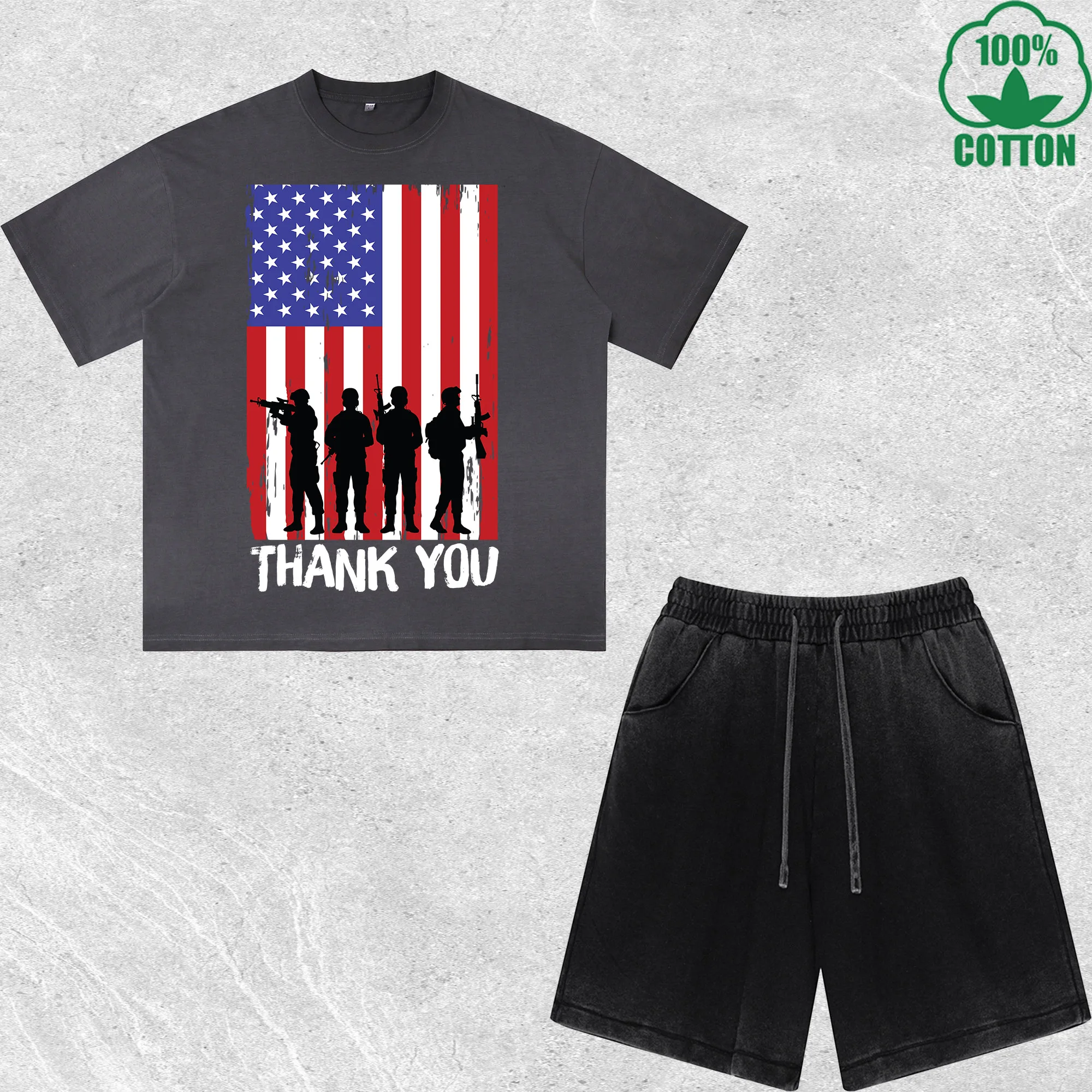 

Thank You Warrior Printed Dirty Wash T-Shirt Shorts Set Combo Loose Trendy Fashionable 100%Cotton Black Suit