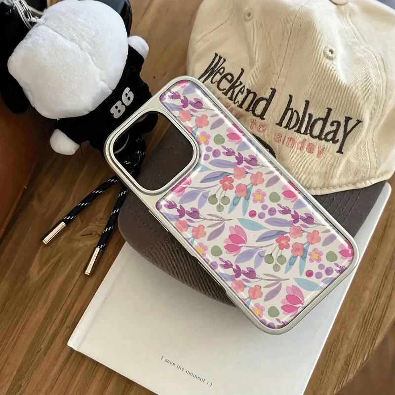 Pink Flower Pattern Design Electroplated Drop Glue Phone Case For iPhone 17 Air 16 15 14 13 12 11 17 Pro Max 16 15 Pro 13 Cover