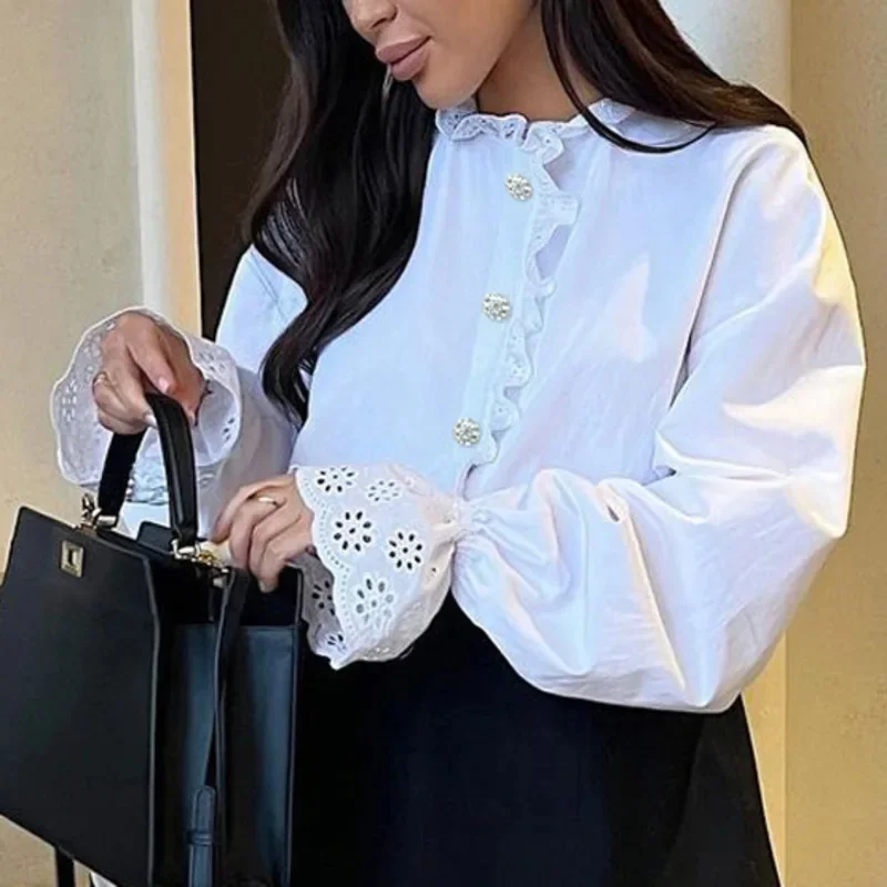 Camisa blanca elegante de oficina para mujer, blusa holgada de manga larga con cuello redondo, Top clásico informal para negocios y ropa informal 2024