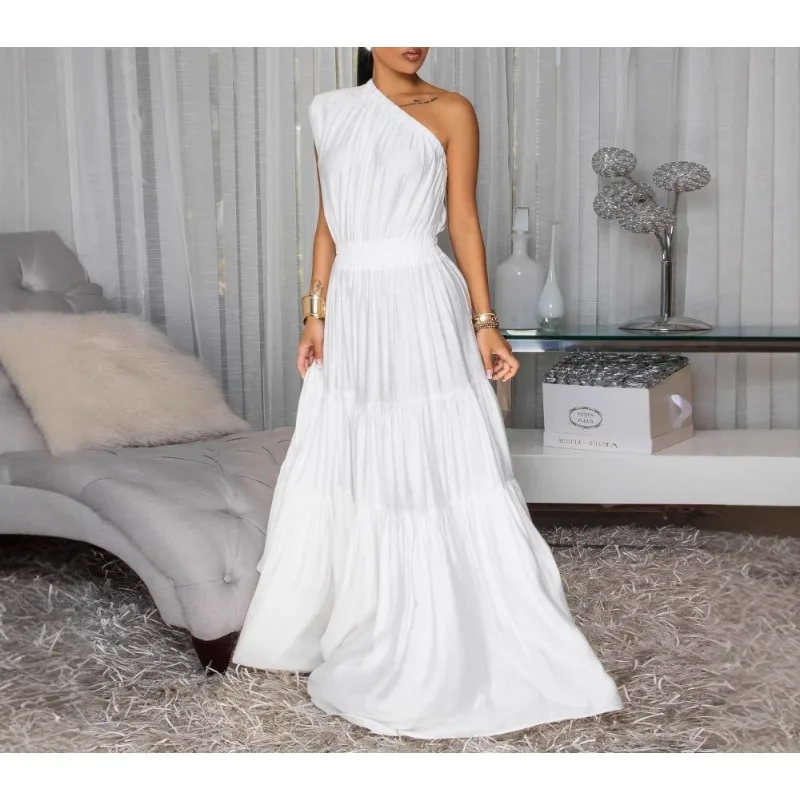 

ZEMOREXMZ женское длинное платье макси без рукавов с косым вырезом и рюшами, лето 2022, пляжное, для отдыха, дня рождения, сексуальные вечерние платья