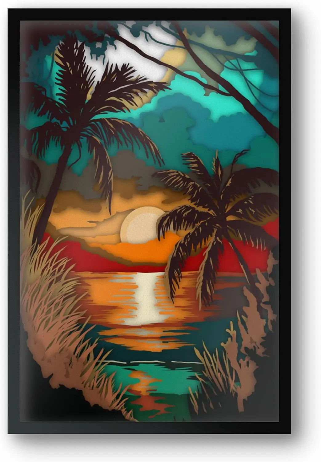 Textured Print Wall Art Decor - 14x20 Inch Painting Like Framed Artwork Beach Trees Scenery Aesthetic Premium Picture Po