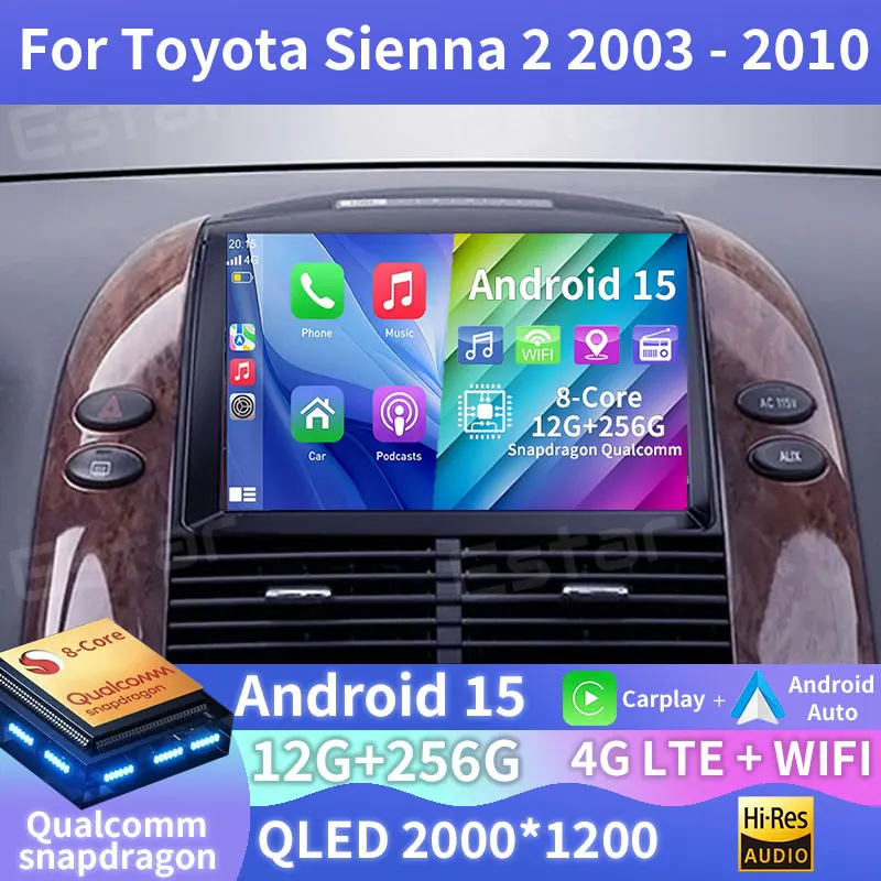Android 15 Car Radio For Toyota Sienna 2 II XL20 2003 - 2010 BT GPS Multimedia Player Navi Head Unit Wireless Carplay Auto Video