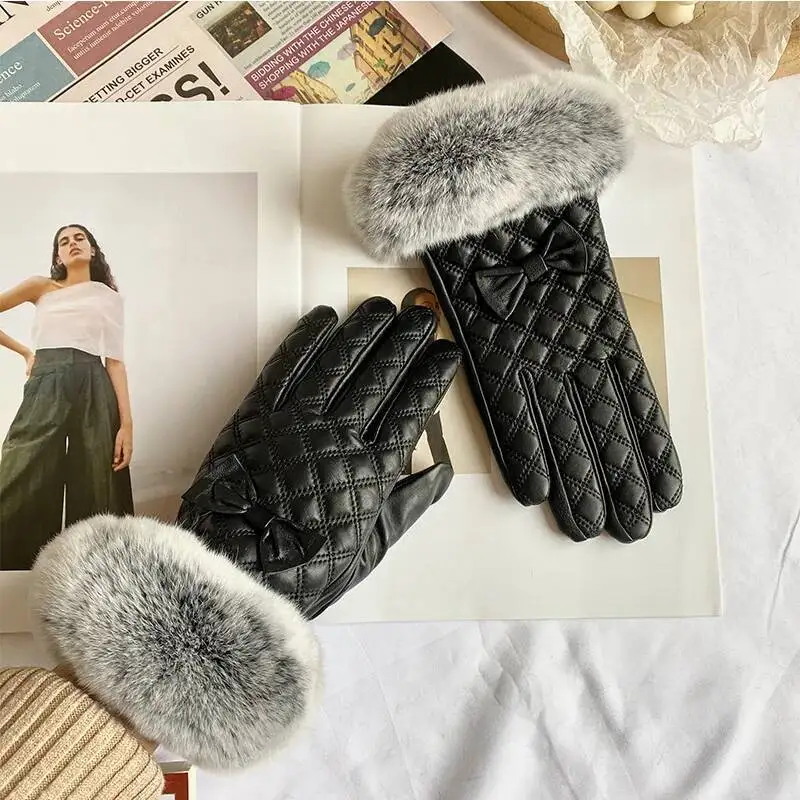 Luvas de couro genuíno para mulheres inverno real rex pele de coelho engrossado luvas com pelúcia natural fofo pele luvas quentes