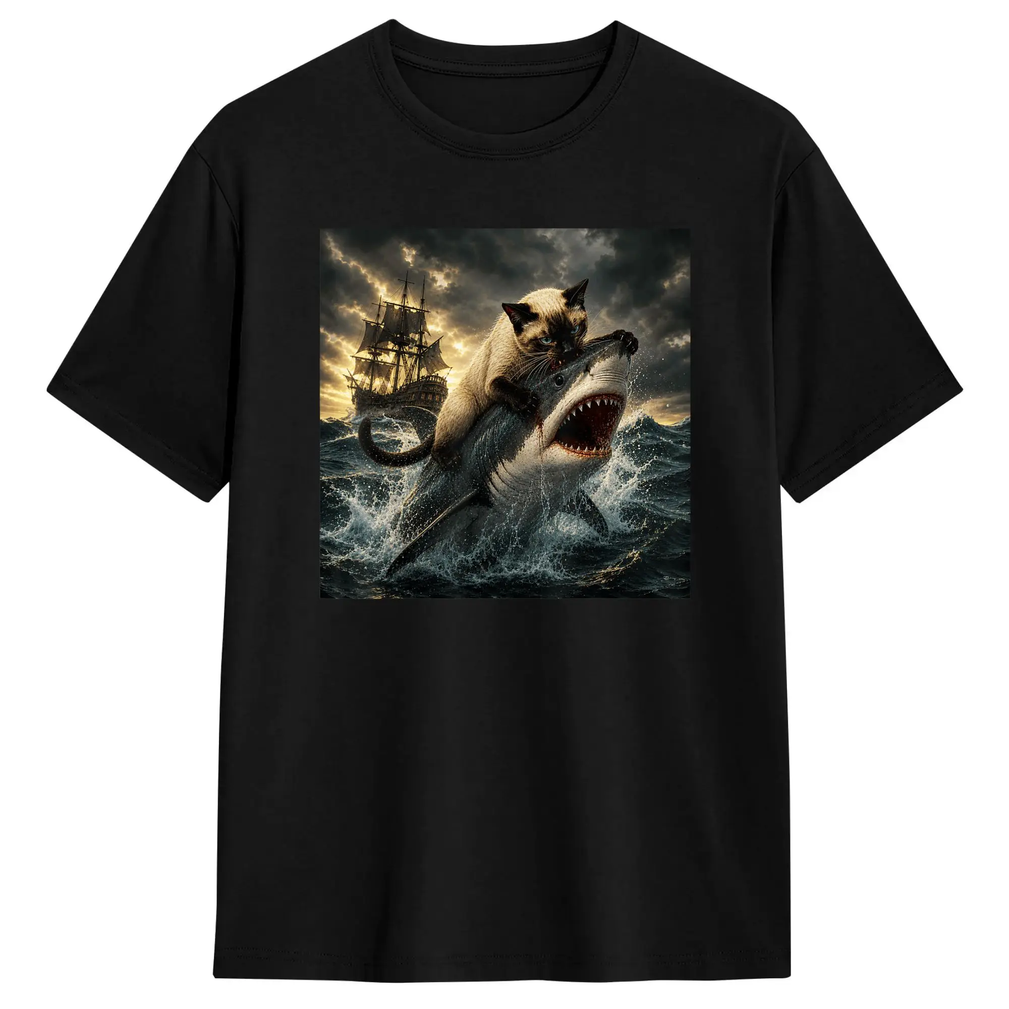 Siamese Cat Biting Shark T Shirts Men's  Cotton Fashion T-Shirt Crewneck  Tee Shirt Short Sleeve Clothing Printing